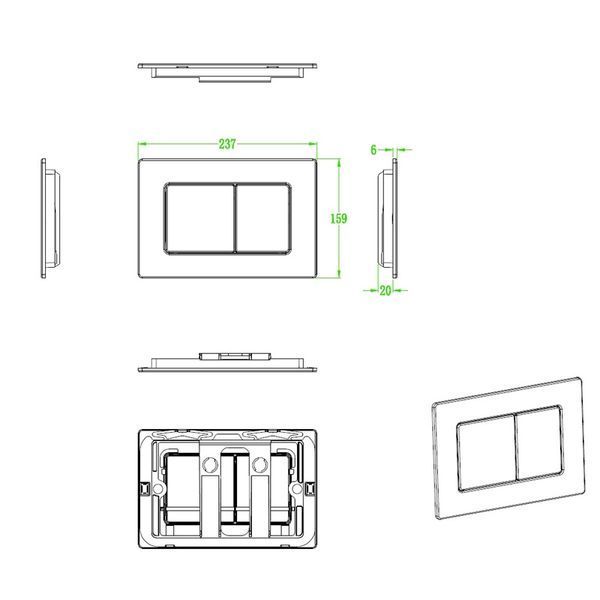Панель змиву Koer KT-0612-02 240x160x10mm з нержавіючої сталі, кнопка квадратна SUS304 (KR6120) KR6120 фото