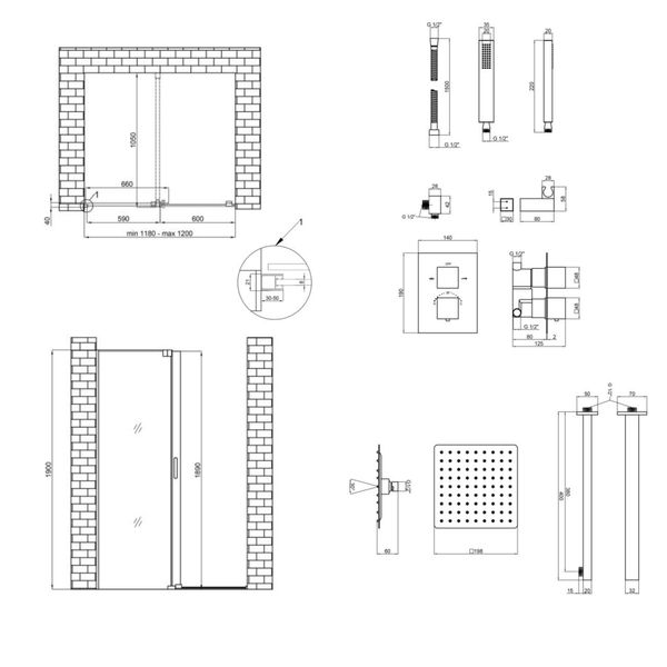 Готовое решение Qtap 14: Стена Walk-In GLIDE, 120x190 + Душ. набор скрытого монтажа с термостатом SD00050979 фото