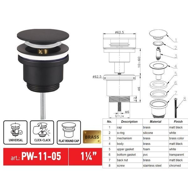 Донний клапан для раковини Koer PW-11-05 1 1/4'' універсальний (з/без перел) СLICK-СLACK (Колір чорн) (KR5795) KR5795 фото