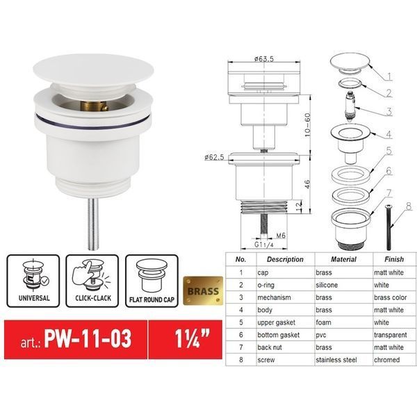 Донный клапан для раковины Koer PW-11-03 1 1/4'' универсальный (с/без перл) СLICK-СLACK (Цвет белый) (KR5791) KR5791 фото