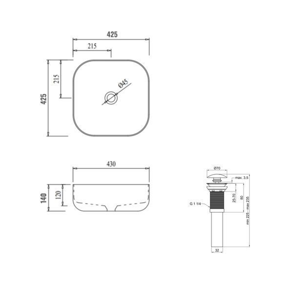 Комплект Qtap Kolibri: Раковина накладная 425x425x140 мм, White, квадратная + Донный клапан Pop-up PU02 SD00054592 фото