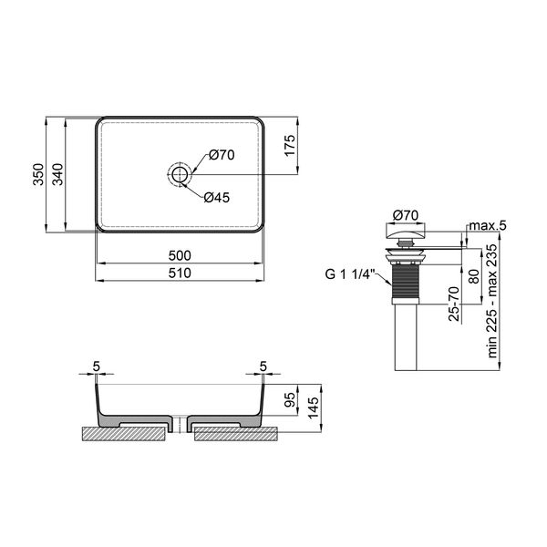 Раковина-чаша Qtap Tern 500х350х145 Matt black з донним клапаном QT1711A055MB SD00045923 фото