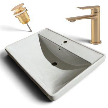 Комплект 3 в 1 WHITE / MATTE GOLD: Меблева раковина MIXXUS STYLE-1502 70х48 см + Змішувач KOER KB-10028-12 + Донний клапан PW-11-12 KRM999194 фото