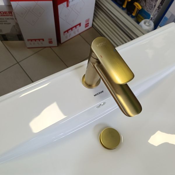Комплект 3 в 1 WHITE / MATTE GOLD: Меблева раковина MIXXUS STYLE-1502 70х48 см + Змішувач KOER KB-10028-12 + Донний клапан PW-11-12 KRM999194 фото