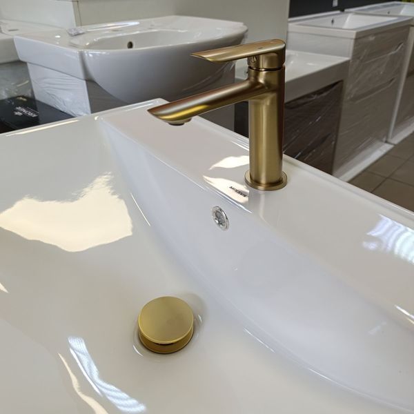 Комплект 3 в 1 WHITE / MATTE GOLD: Меблева раковина MIXXUS STYLE-1502 70х48 см + Змішувач KOER KB-10028-12 + Донний клапан PW-11-12 KRM999194 фото