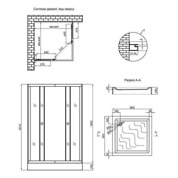 Набор Lidz душевая кабина Wawel SC90x90.SAT.LOW.GR, стекло тонированное 4 мм + поддон Mazur SD00048613 фото