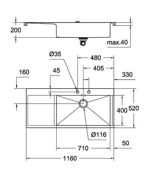 Кухонна мийка GROHE K1000 (31582SD0) 1160х520 мм, нержавіюча сталь, з крилом зліва 31582SD0 фото