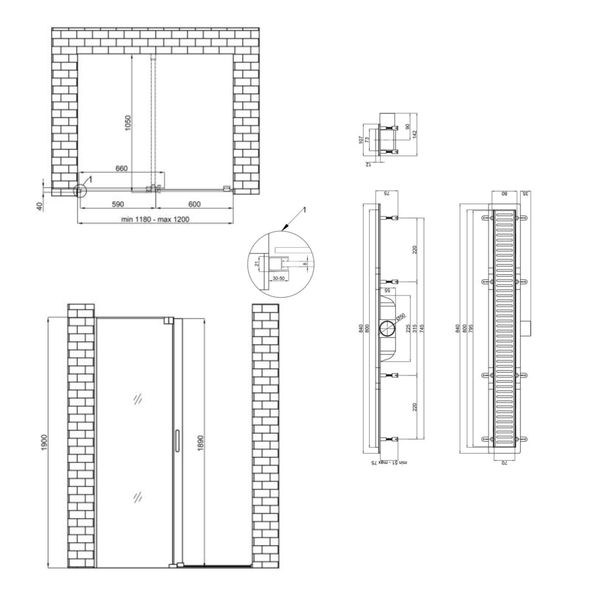 Готовое решение Qtap 15: Стена Walk-In GLIDE, 120x190 + Линейный трап 800 мм SD00050980 фото