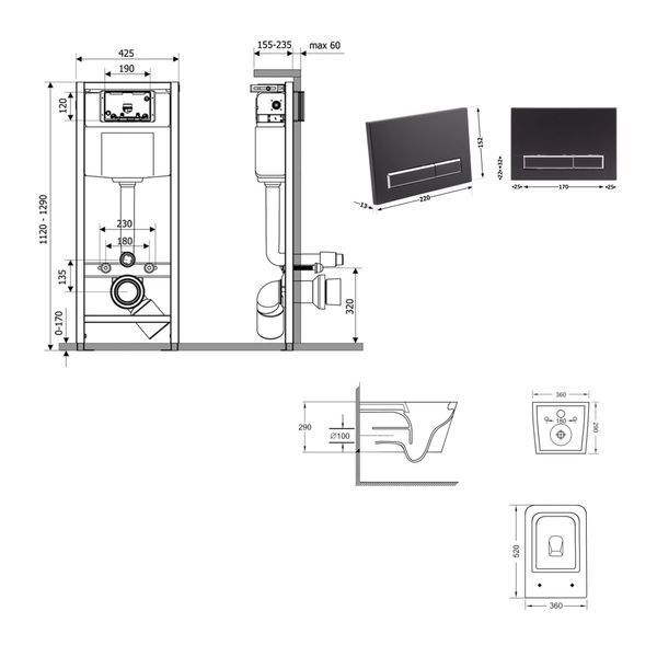 Готове рішення Qtap для ванної кімнати: підвісний унітаз Crow Ultra Quiet 520x360x290 + комплект інсталяції Nest 4 в 1 (лінійна клавіша Matt Black) SD00054320 фото