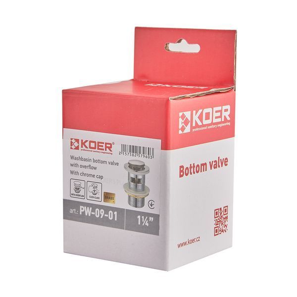 Донный клапан для раковины Koer PW-09-01 1 1/4'' с переливом автоматический СLICK-СLACK (Цвет хром) (KR5796) KR5796 фото