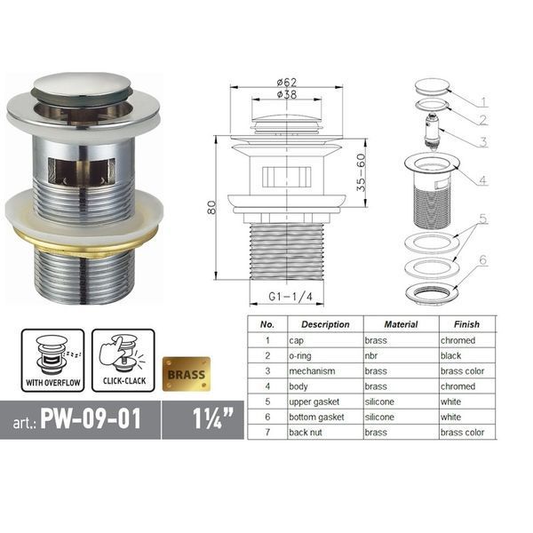 Донный клапан для раковины Koer PW-09-01 1 1/4'' с переливом автоматический СLICK-СLACK (Цвет хром) (KR5796) KR5796 фото