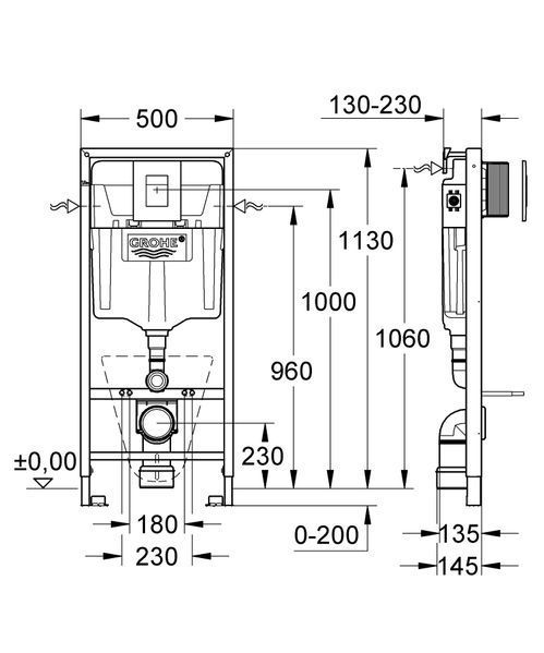 Комплект інсталяції для підвісного унітазу Grohe Rapid SL Fresh 5 в 1, висота 1130&ndash;1330 мм, хромована пневматична кнопка (38827000) 38827000 фото