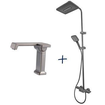 Комплект 2 в 1 MIXXUS PREMIUM TERRA Graphite: Душова колона 009-J + Змішувач для умивальника 001 (NUT), латунь, графіт MI385383 фото