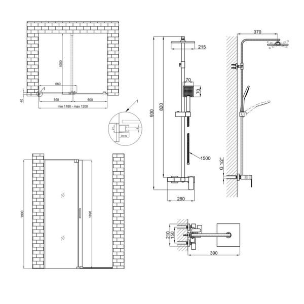 Готовое решение Qtap 13: Стена Walk-In GLIDE, 120x190 + Душ. Система SD00050978 фото