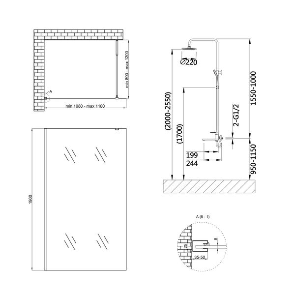 Qtap набор: Стена Walk-in 110 BLM + Душевая система на три потребителя (STDBLM2011C8 + QTJAY111BLM45549) SD00052694 фото