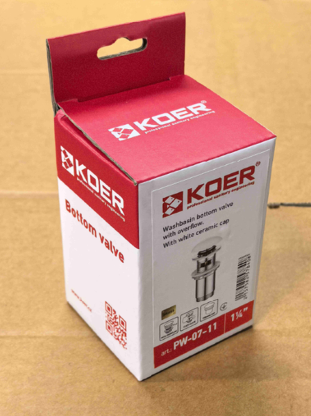 Донный клапан для раковины Koer PW-07-11 1 1/4'' с переливом автоматический СLICK-СLACK (Белая керам.накл.) (KR5784) KR5784 фото