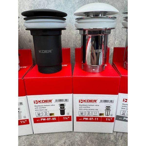 Донный клапан для раковины Koer PW-07-11 1 1/4'' с переливом автоматический СLICK-СLACK (Белая керам.накл.) (KR5784) KR5784 фото