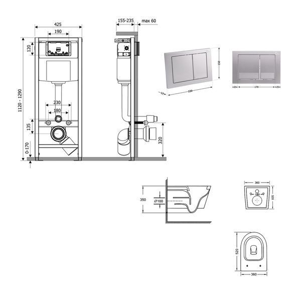 Готове рішення Qtap для ванної кімнати: підвісний унітаз Swan Ultra Quiet 520x360x320 + комплект інсталяції Nest 4 в 1 (квадратна клавіша Satin) SD00054330 фото