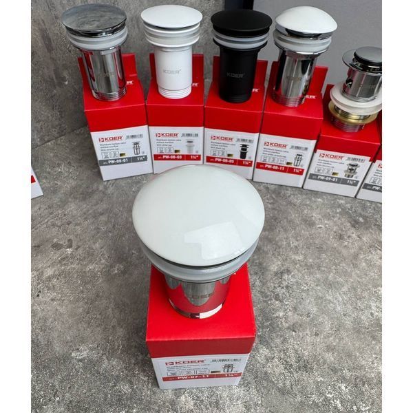 Донный клапан для раковины Koer PW-07-11 1 1/4'' с переливом автоматический СLICK-СLACK (Белая керам.накл.) (KR5784) KR5784 фото