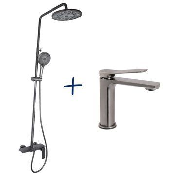 Комплект 2 в 1 для ванної кімнати Qtap Slavonice PVD Graphite: Душова система QTSLA111GMB45905 + Змішувач для раковини QTSLA270GMB45924 SD029048 фото