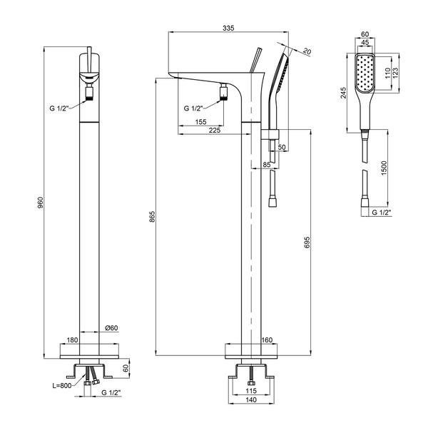 Змішувач для ванни Qtap Podlaha підлоговий (з душовим гарнітуром) QT19103VDC Chrome SD00042953 фото