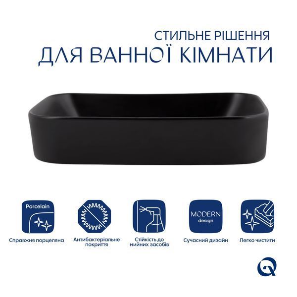 Комплект Qtap Scorpio: Раковина накладная прямоугольная 550х390х120 мм Matt Black + Донный клапан PU03 SD00053422 фото