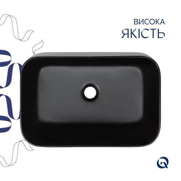 Комплект Qtap Scorpio: Раковина накладная прямоугольная 550х390х120 мм Matt Black + Донный клапан PU03 SD00053422 фото
