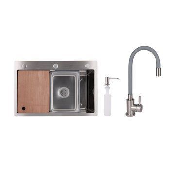 Акционный набор Lidz: мойка H6845 Brushed 3,0/1,0 мм + Смеситель Aria для кухни с гибким изливом (k35) Grey SD00057362 фото