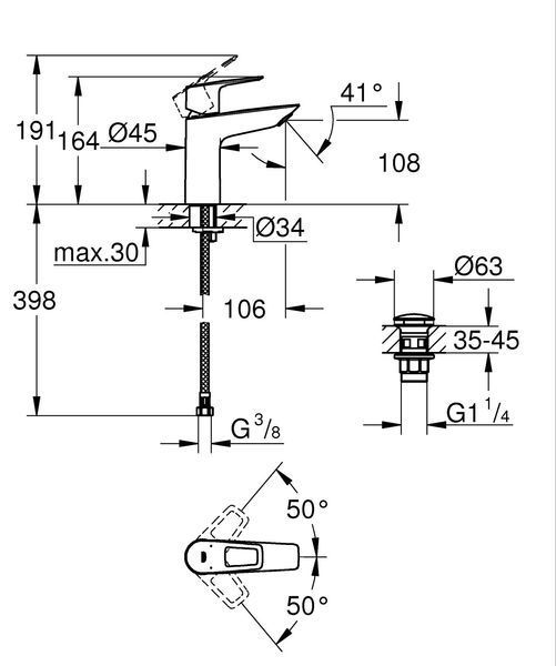 Одноважільний змішувач для раковини M-Size Grohe BauLoop New з нажимним донним клапаном (23886001) 23886001 фото