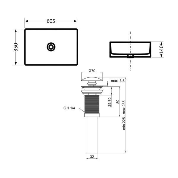 Комплект Qtap Tern: Раковина накладная прямоугольная 610x350x135 мм WHITE + Донный клапан PU02 SD00053428 фото