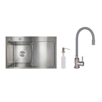 Акционный набор Lidz: мойка H7849R интегрированная крыло справа Brushed Steel 3,0/1,0 мм + Смеситель Aria для кухни с гибким изливом (k35) Grey SD00057374 фото