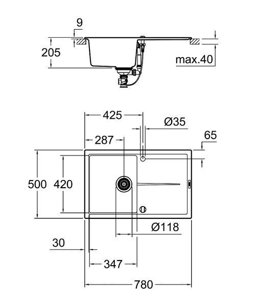 Композитна мийка для кухні Grohe K400 універсальна 780х500х205 мм, чорна матова (31639AP0) 31639AP0 фото
