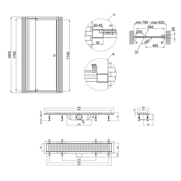 Набор Qtap дверь в нишу Pisces WHI208-9.CP5 79-92х185 см, стекло Pattern 5 мм + трап линейный Qtap Dry FB304-600 с сухим затвором и нержавеющей решеткой 600х73 мм SD00048906 фото