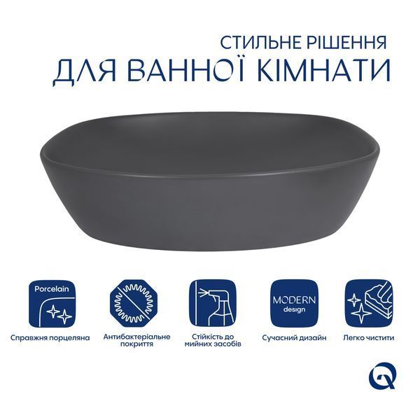 Раковина накладная Qtap Robin 500х380х140 мм, Anthracite, прямоугольная, с донным клапаном QT04116302AN SD00054296 фото