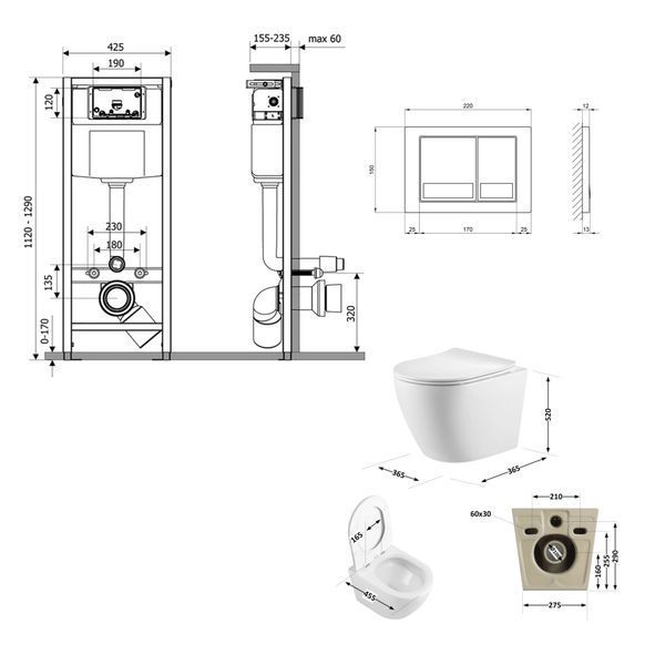 Готове рішення Qtap для ванної кімнати: підвісний унітаз Robin Ultra Quiet 520x365x365 + комплект інсталяції Nest 4 в 1 (квадратна клавіша Satin) SD00053623 фото