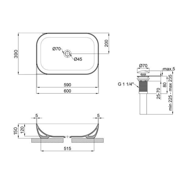Комплект Qtap Robin: Раковина накладна прамокутна 600x390x150 мм Matt Black + Донний клапан PU03 SD00053420 фото