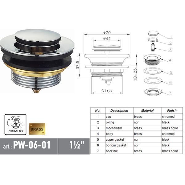 Донный клапан для ванны Koer PW-06-01 1 1/2'' автоматический СLICK-СLACK (Цвет хром) (KR5799) KR5799 фото