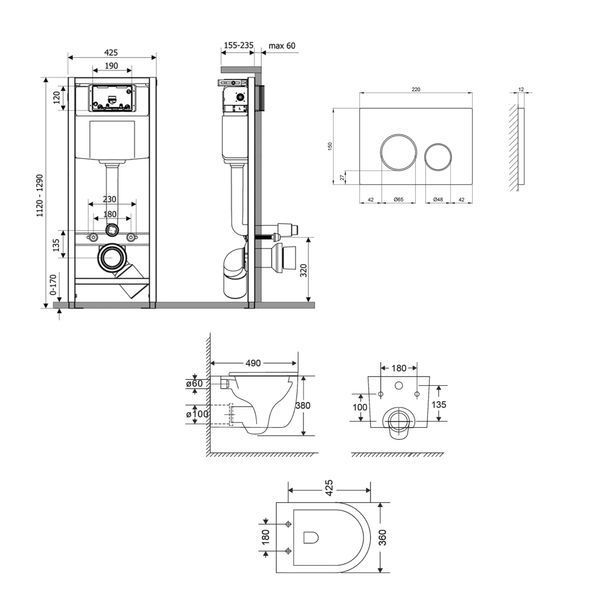 Готовый комплект Qtap для ванной комнаты: подвесной унитаз Taurus Ultra Quiet 485&times;360&times;350 мм + установка Nest 4 в 1, клавиша Matt Black SD00052278 фото