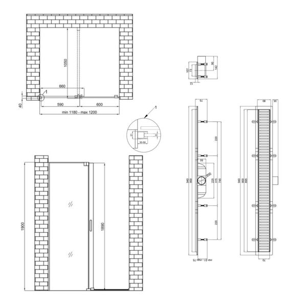 Готовое решение Qtap 16: Стена Walk-In GLIDE, 120x190 + Линейный трап 900 мм SD00050981 фото