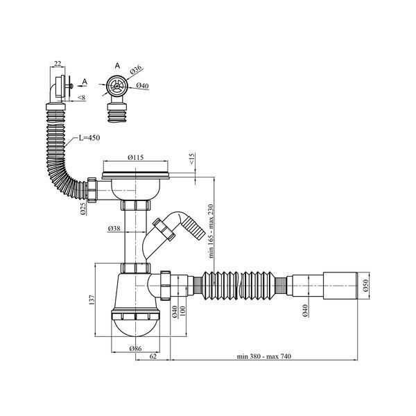 Сифон для кухонной мойки Kroner KRP - KS02R-1 3 1/2"х40/50 мм с отводом для стиральной машины, с круглым переливом CV032077 фото